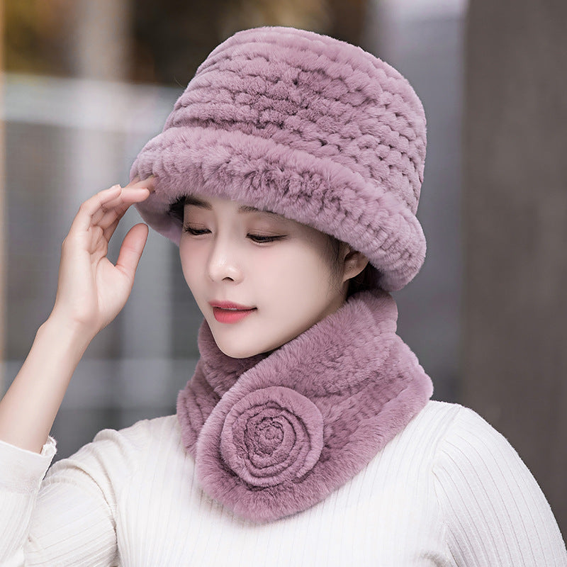 Winter Real Rabbit Fur Knit Hat & Scarf Set