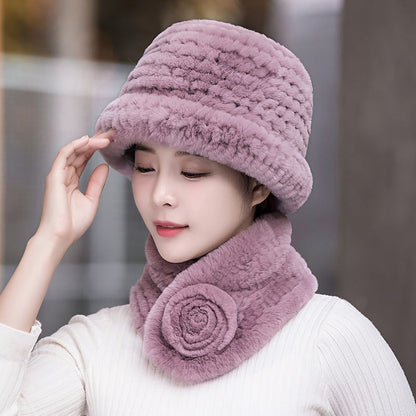 Winter Real Rabbit Fur Knit Hat & Scarf Set