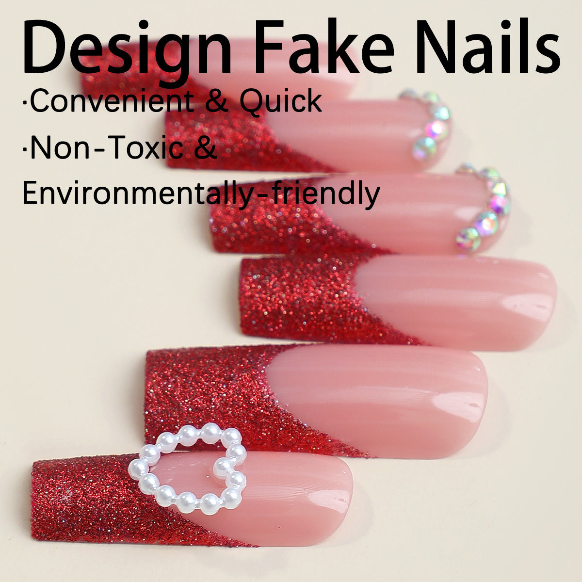 European Best-Selling Red French Tip Nails with Diamond Accents