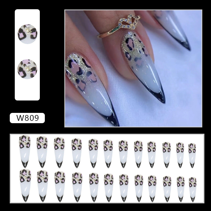 Long Pointed Black French Leopard Glitter Nails Euro Chic Ins Style Sweet Cool-homeunderwear