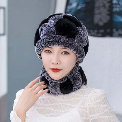 Warm Real Rabbit Fur Ear Flap Hat & Scarf Set