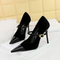 Chic Metal Buckle and Ankle Strap Suede Patchwork Pointed Toe Shoes-Heel Height 10CM-Homeunderwear