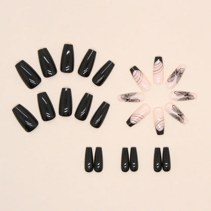 Mid-Length Solid Black Butterfly Nails, Striped and Glitter French