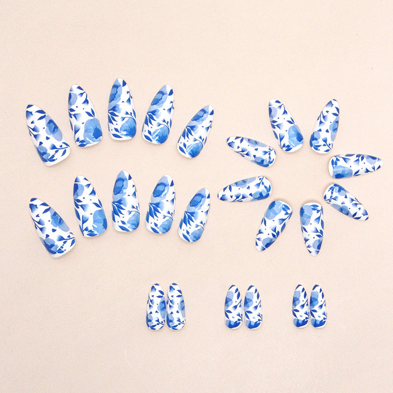 Almond Blue Mist Flower Nails, Cool and Removable