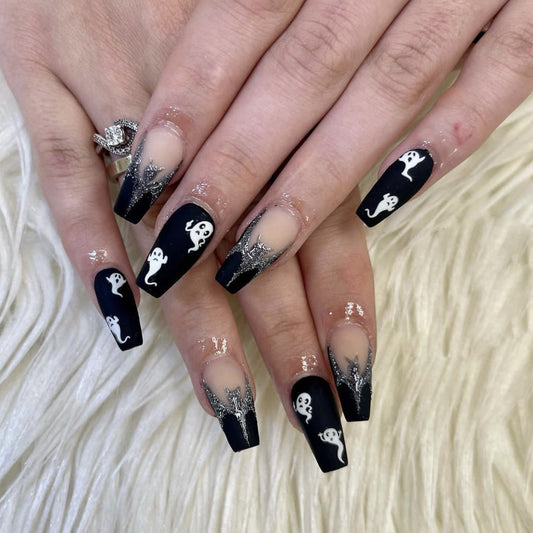 Halloween Ballet Black Matte Ghost Glitter Bat Fake Nails