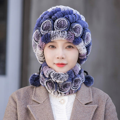 Warm Real Rabbit Fur Ear Flap Hat & Scarf Set