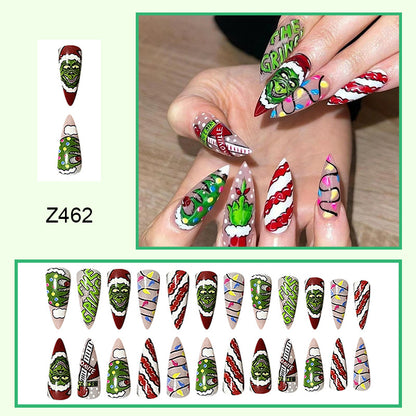 New FashionLong Pointed Grinch Christmas Nail Tips-homeunderwear