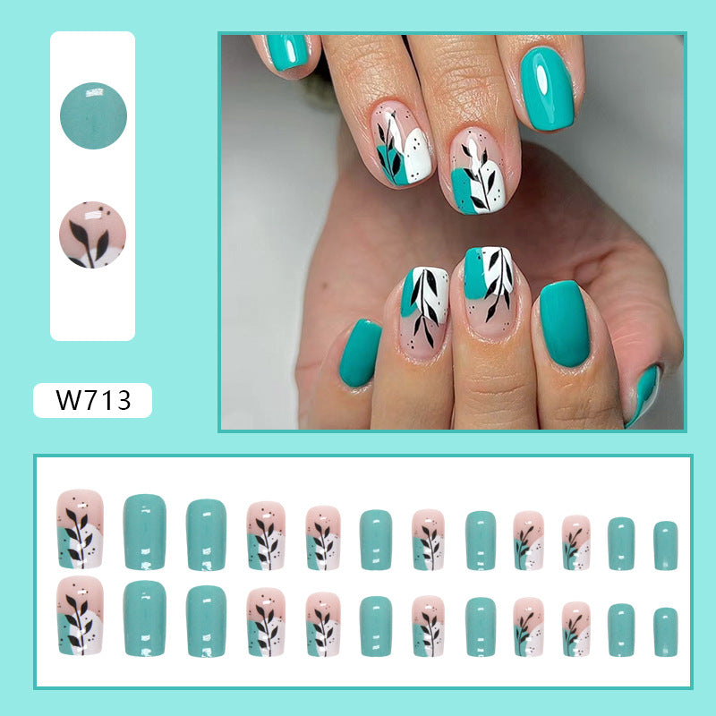 Summer Fresh Mid-Length Nails, Lake Blue with Leaf Design-Homeunderwear