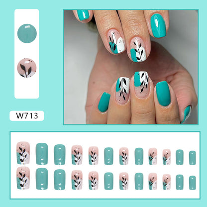 Summer Fresh Mid-Length Nails, Lake Blue with Leaf Design-Homeunderwear