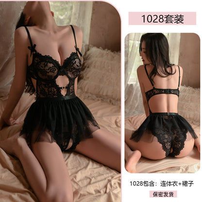 Sexy Lace Seduction Onesie Tutu Skirt Set Open Crotch Uniform Pajamas Sexy Lingerie