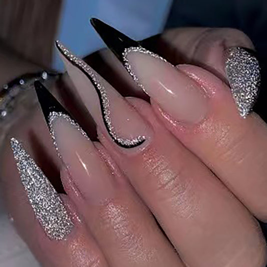 Long French Nail Tips with Silver Glitter and Black Lines