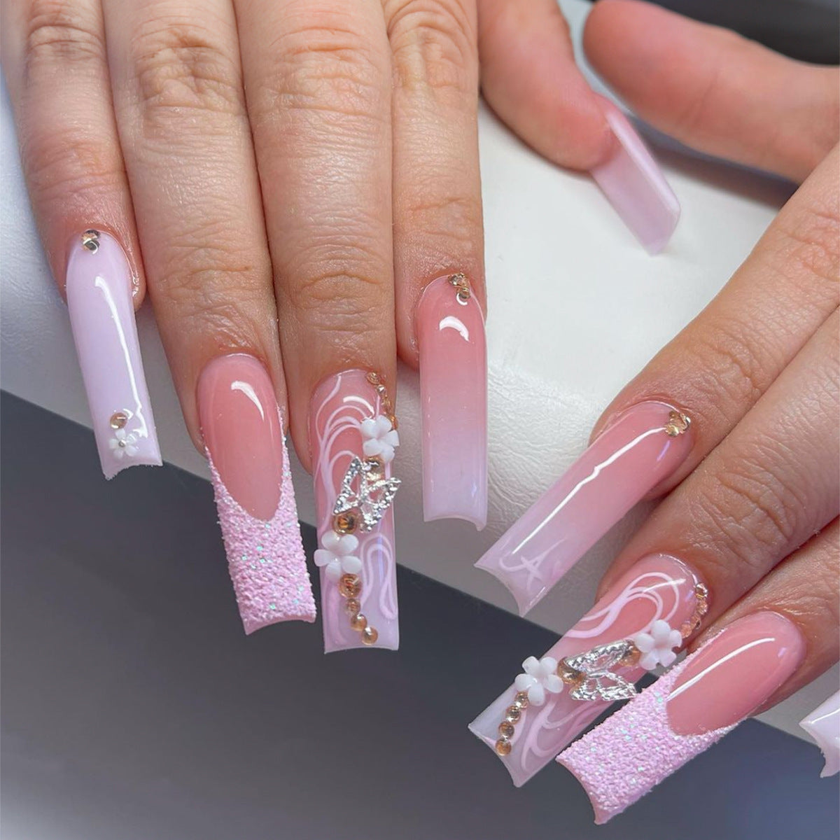 Long Gradient Nail Tips with Flowers, Rhinestones, Butterfly