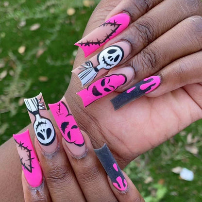 Long Pink Ghost Skull Halloween Nail Tips for Trendy Girls