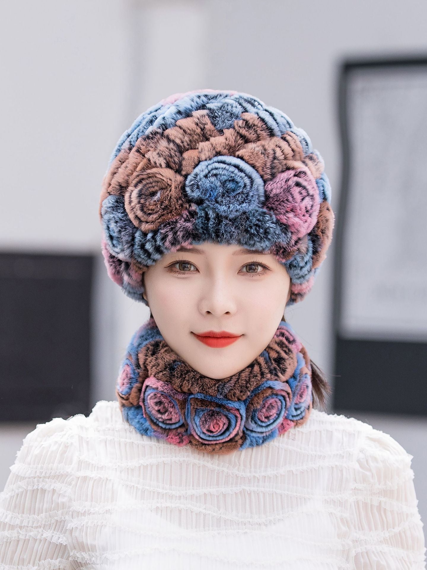 Warm Real Rabbit Fur Ear Flap Hat & Scarf Set