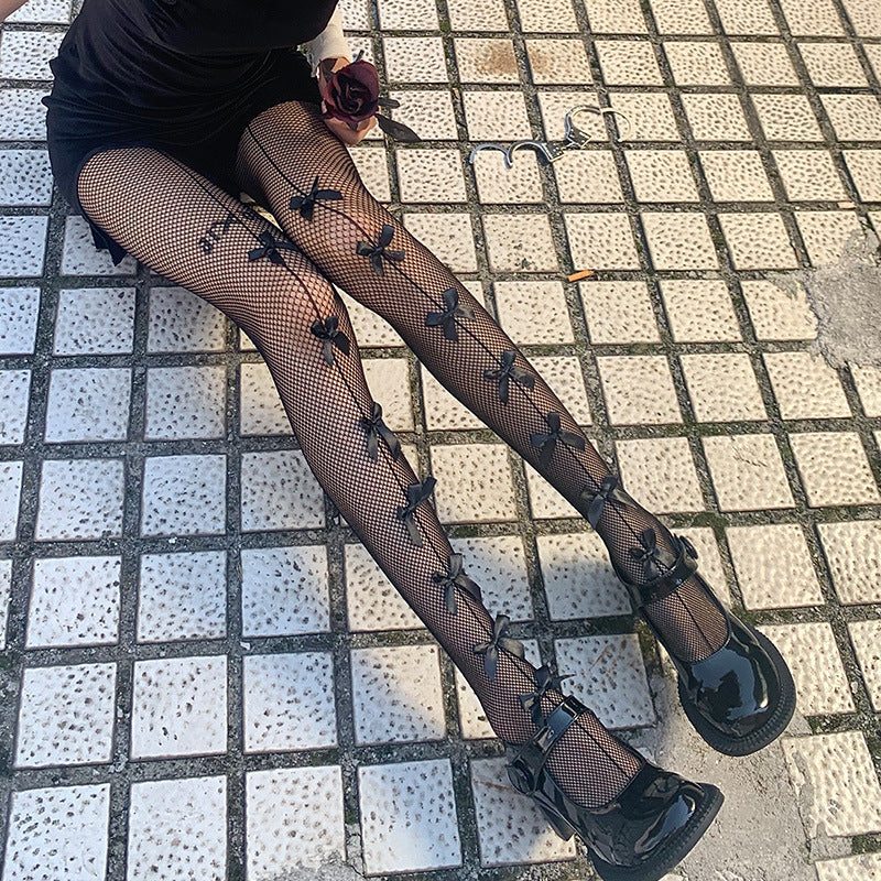 Sexy Long Bow Jk Big Grid Hollowed-out Pantyhose