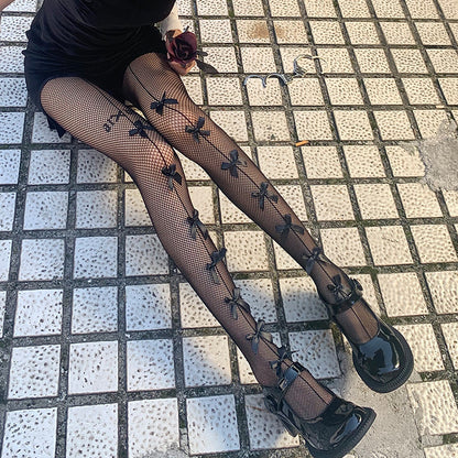 Sexy Long Bow Jk Big Grid Hollowed-out Pantyhose