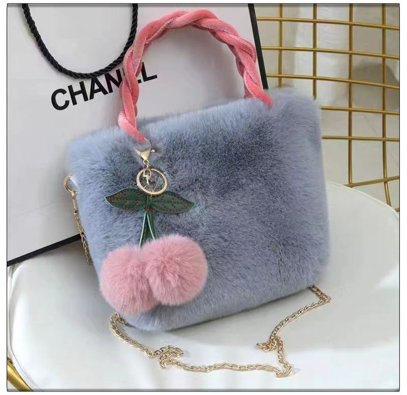 Cute Cherry Fuzzy Handbag Women's Winter Shoulder Tote