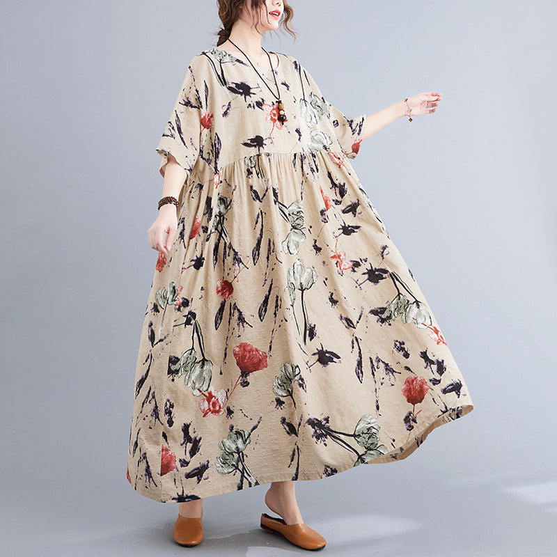 Artsy Loose-fit Cotton and Linen Printed Dress