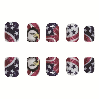 Independence Day Short Square Nails with Eagle and Flag Designs