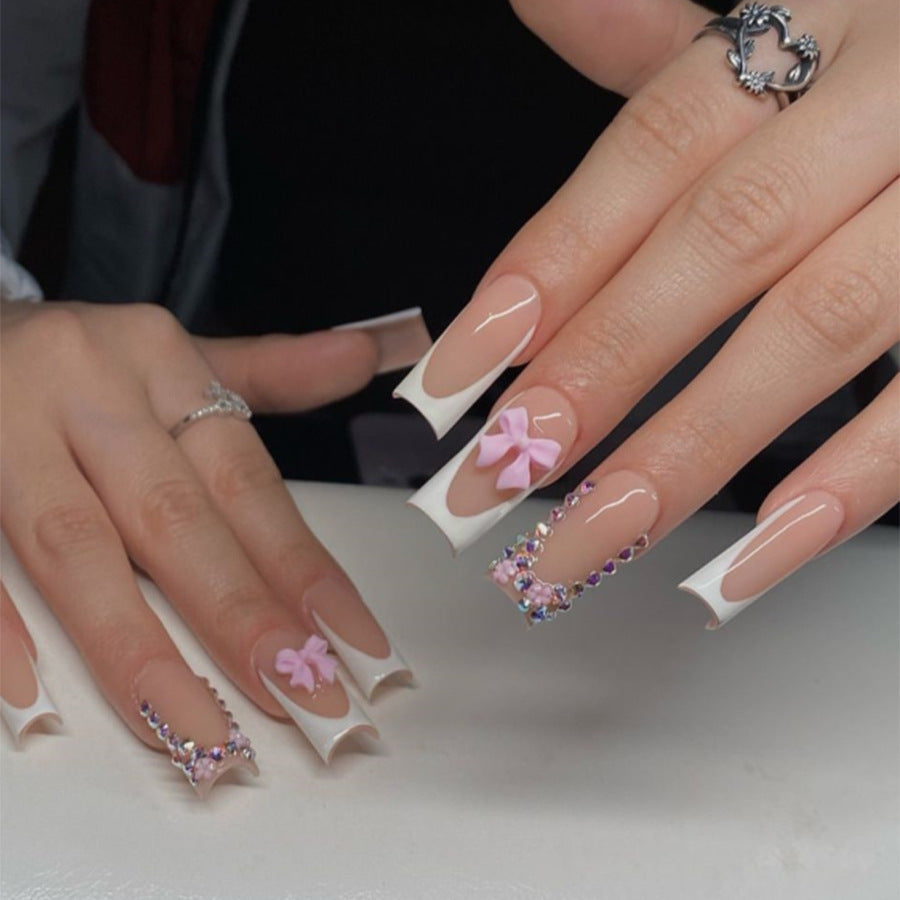 Extra Long Nail Tips with Bow and Crystal Decor