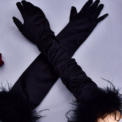 Party Feather Thickened Satin Gloves