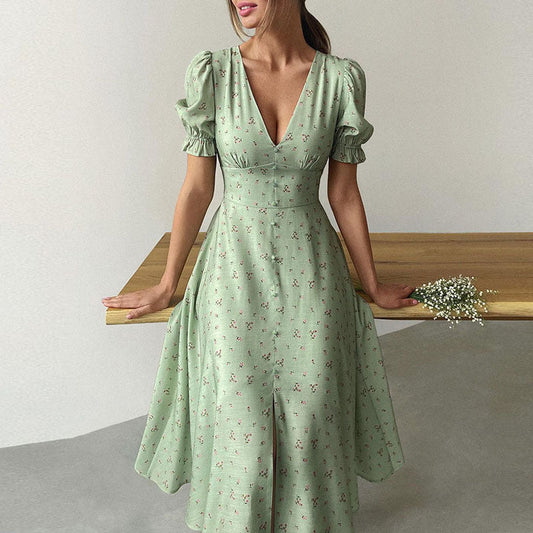 Lantern Sleeves Elegant Buckle Mid-length Dress