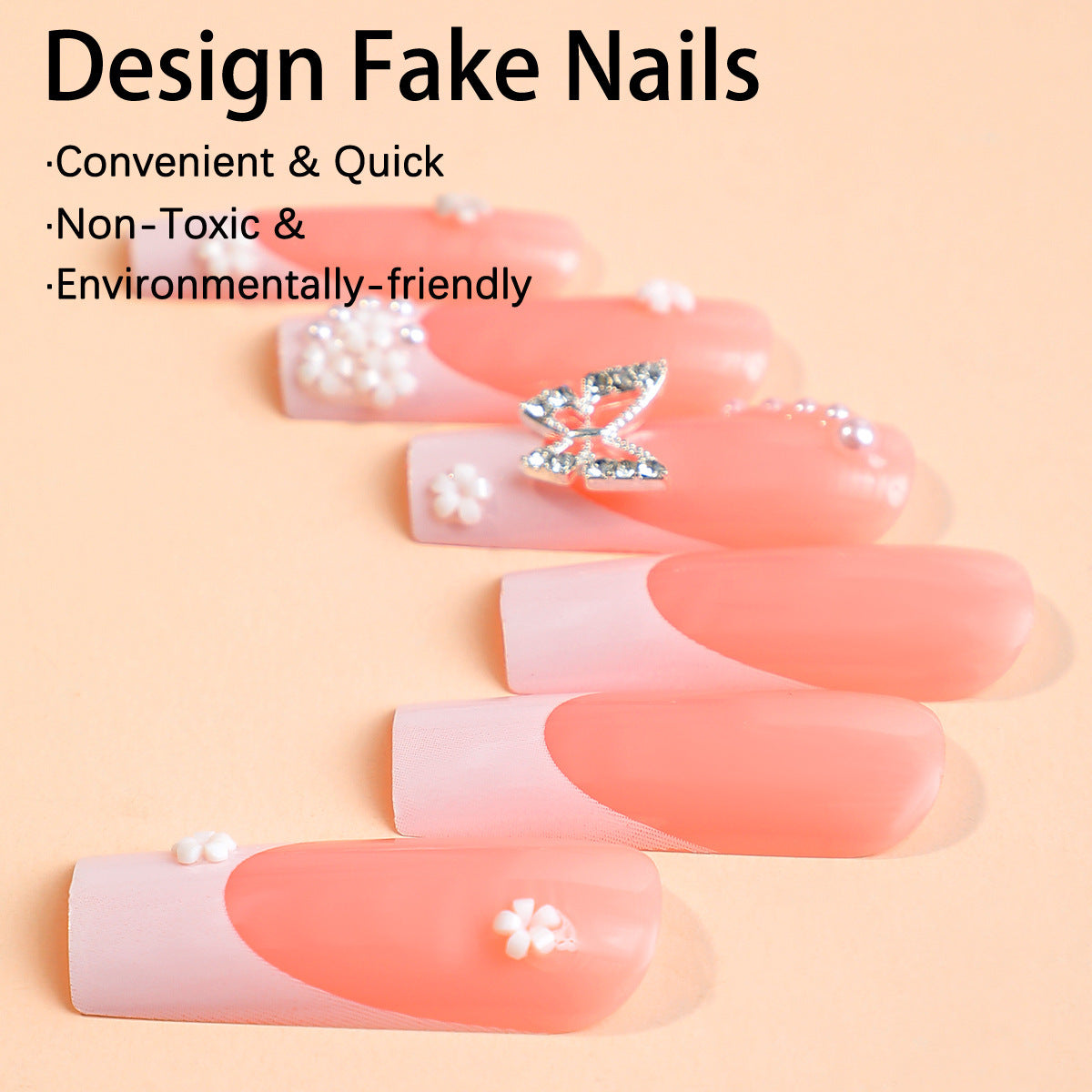 Long French Water Pipe Nail Tips with Butterfly Pearls