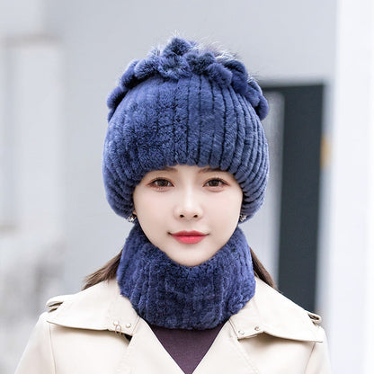 Warm Real Rabbit Fur Ear Flap Hat & Scarf Set