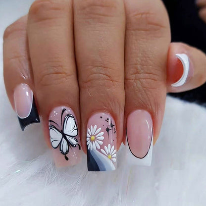 Sweet Edgy Black White Butterfly French Nail Stickers