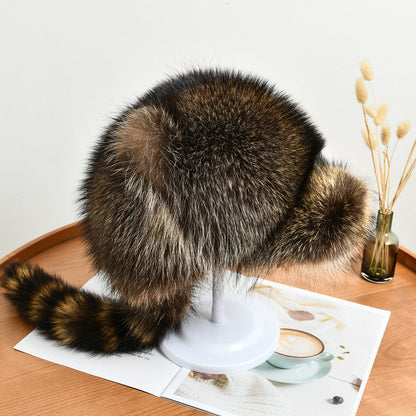 Warm Raccoon Fur Hat with Ear Flaps