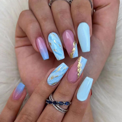 Blue Ombre Mid-Length Cross-Border Fake Nails with Gold Foil Flakes-homeunderwear