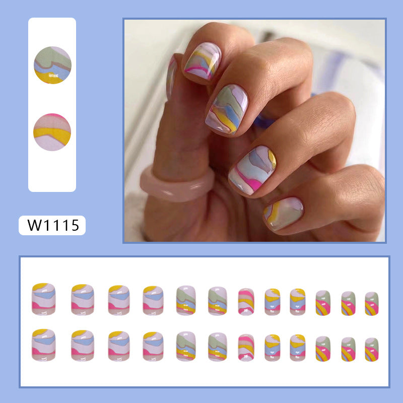 Short Square Nails, Multicolor Coating, Abstract Art INS Style