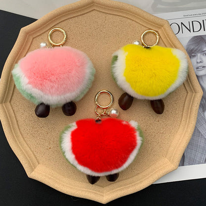 Cute Real Rabbit Fur Watermelon Charm Keychain & Phone Decor