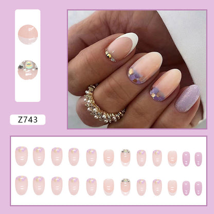 Oval Minimalist French Nails, Lilac with Gold Foil and Crystals