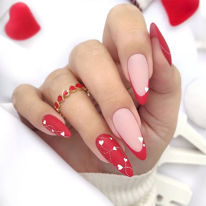 Almond Shape Red French Heart Nail Tips