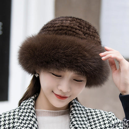 Warm Mink Fur Hat with Fox Pom Pom - Ear Flap Design