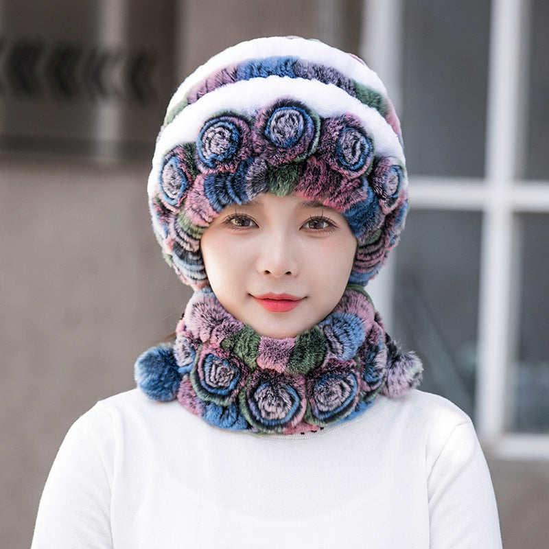 Warm Real Rabbit Fur Ear Flap Hat & Scarf Set