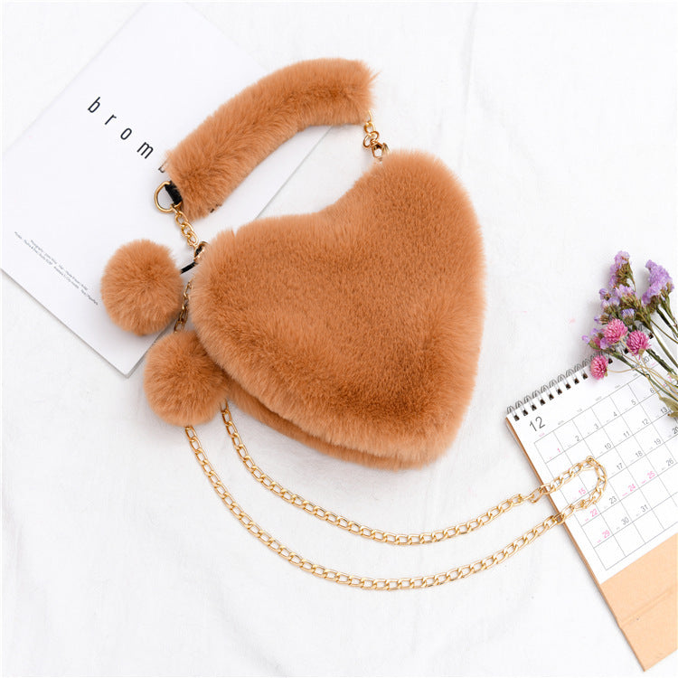 Trendy Heart Shaped Fuzzy Handbag, Clutch