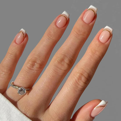 French Gold Line Nail Tips, Minimalist Beige Pink