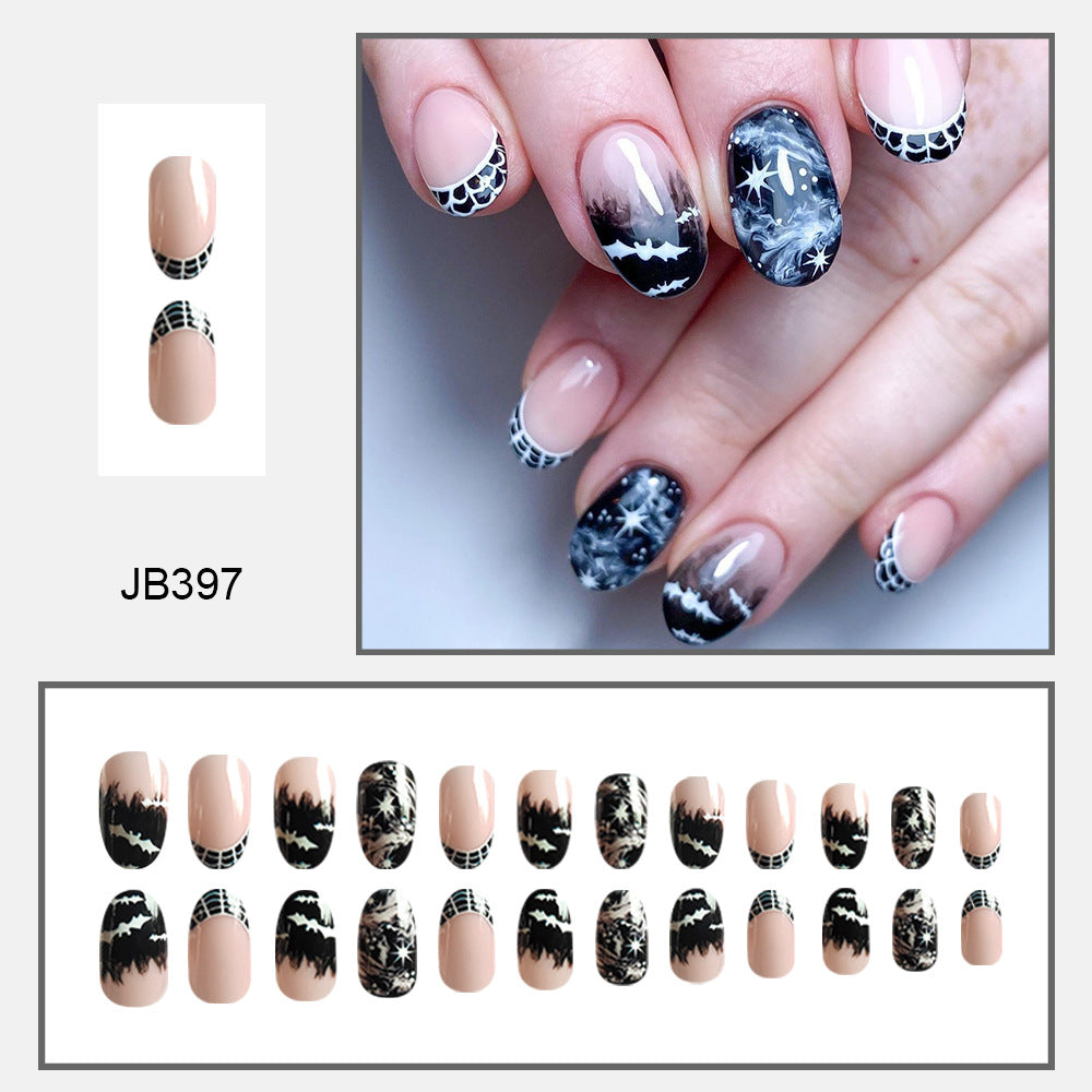 New FashionShort Round Cow Print Bat Halloween Nail Tips-homeunderwear