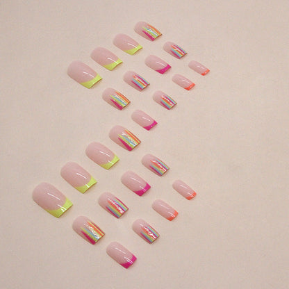 Mid-Length Colorful Dopamine Rainbow Stripe French Nails