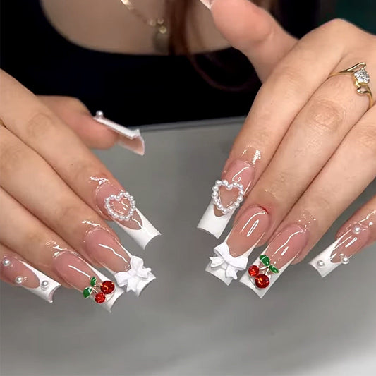 Long Tube Crystal Bow Cherry Pearl White French Nails