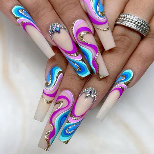 New FashionLong Water Ripple Diamond Accent Nail Tips