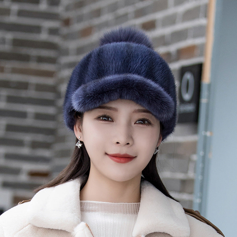 Warm Mink Fur Hat - Fox Pom Pom Baseball Cap