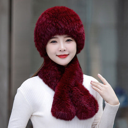 Warm Snow Rabbit Fur Ear Flap Hat & Scarf Set