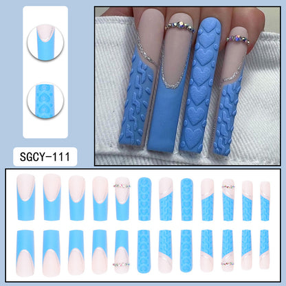 3D Heart Long Waterpipe Nails with Blue Sparkle