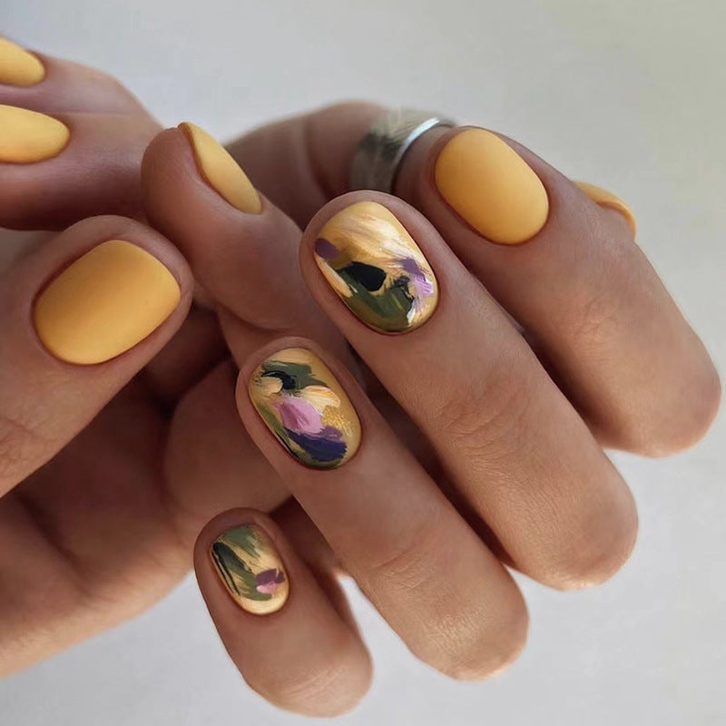 Matte Cheese Yellow Graffiti Short Nails for Fall