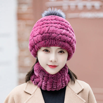 Warm Real Rabbit Fur Ear Flap Hat & Scarf Set