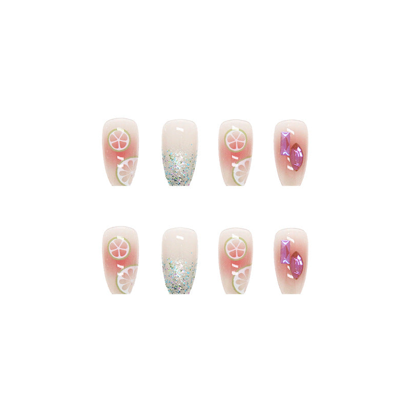 Wearable Short Ballet Fake Nails Fresh Lemon Sparkle Diamond Nail Tips-homeunderwear