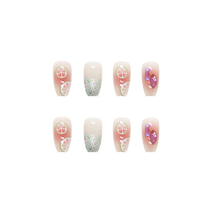 Wearable Short Ballet Fake Nails Fresh Lemon Sparkle Diamond Nail Tips-homeunderwear